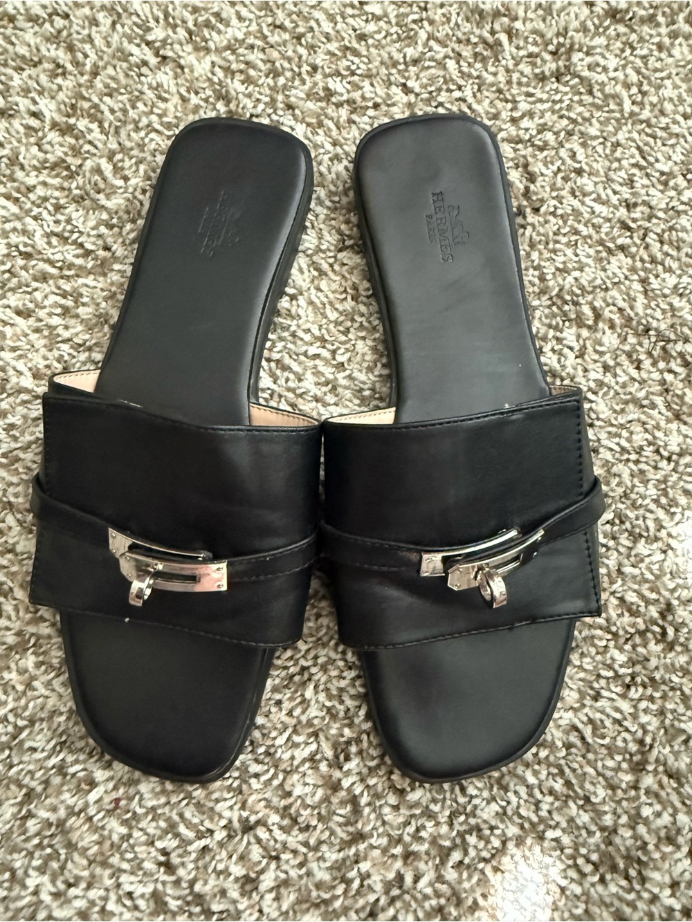 Hermes Black Leather Slide Mules with Silver Hardware